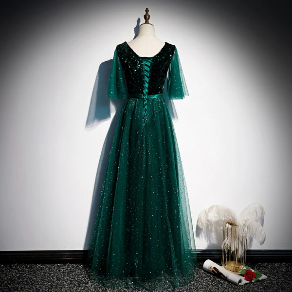 Vintage / Retro Dark Green Prom Dresses 2021 A-Line / Princess V-Neck 1/2 Sleeves Backless Floor-Length / Long Prom Formal Dresses
