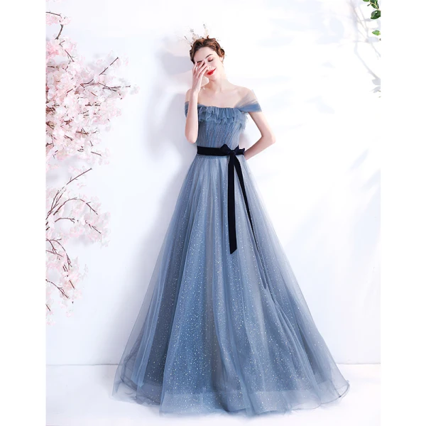 Chic / Beautiful Pool Blue Glitter Prom Dresses 2021 A-Line / Princess Off-The-Shoulder Short Sleeve Backless Bow Floor-Length / Long Prom Formal Dresses