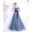 Chic / Beautiful Pool Blue Glitter Prom Dresses 2021 A-Line / Princess Off-The-Shoulder Short Sleeve Backless Bow Floor-Length / Long Prom Formal Dresses