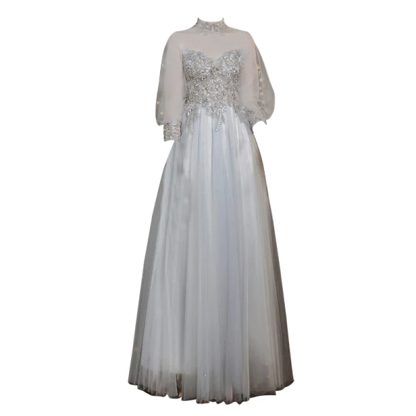 Elegant Grey Beading Evening Dresses Prom Dresses 2021 A-Line / Princess High Neck Appliques Lace Flower Pearl 3/4 Sleeve Backless Floor-Length / Long Prom Formal Dresses