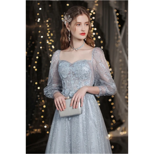 Glitzernden Silber Perlenstickerei Pailletten Strass Abendkleider Ballkleider 2021 A Linie Eckiger Ausschnitt Spitze Blumen 3/4 Ärmel Rückenfreies Lange Abend Ball Festliche Kleider