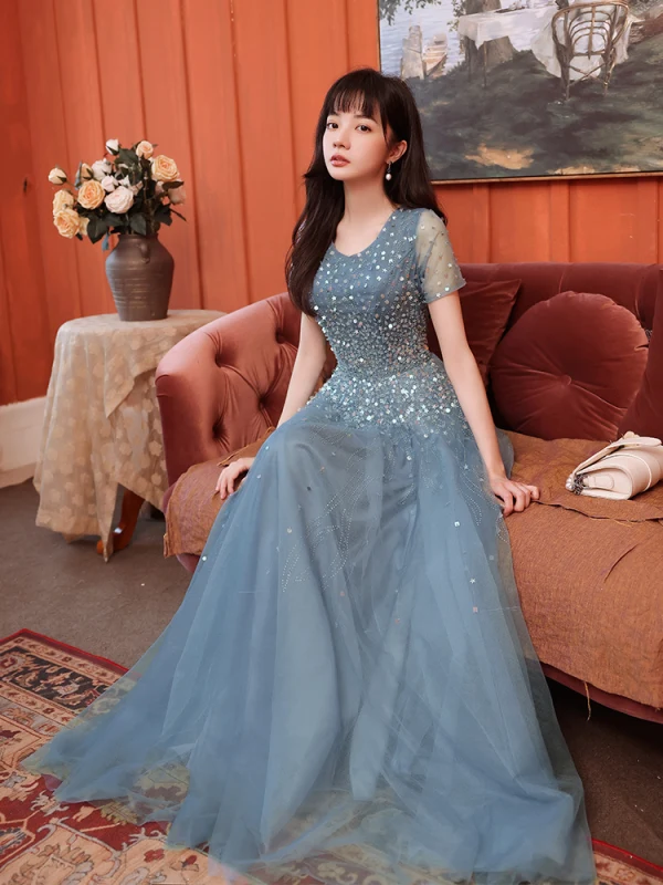 Sparkly Ocean Blue Prom Dresses 2021 A-Line / Princess Scoop Neck Star Sequins Rhinestone Short Sleeve Floor-Length / Long Prom Formal Dresses