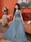 Sparkly Ocean Blue Prom Dresses 2021 A-Line / Princess Scoop Neck Star Sequins Rhinestone Short Sleeve Floor-Length / Long Prom Formal Dresses