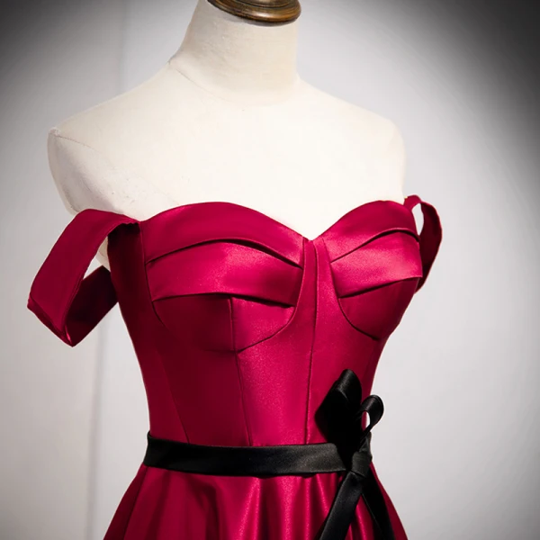 Vintage / Retro Burgundy Satin Prom Dresses 2021 A-Line / Princess Strapless Bow Sleeveless Backless Floor-Length / Long Prom Formal Dresses
