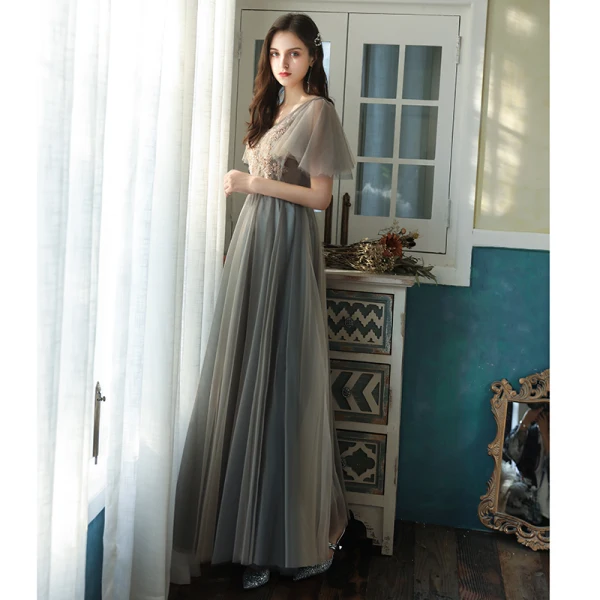 Chic / Belle Gris Robe Demoiselle D'honneur 2021 Princesse Manches Courtes Dos Nu Perlage Perle En Dentelle Fleur Paillettes Longue Demoiselle D'honneur Robe Pour Mariage