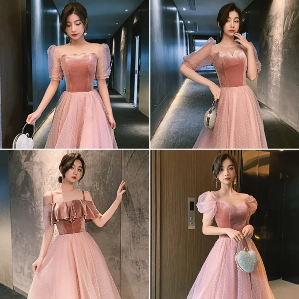 Chic / Belle Rougissant Rose Daim Robe Demoiselle D'honneur 2021 Princesse Encolure Carrée Manches Courtes Dos Nu Thé Longueur Robe Pour Mariage