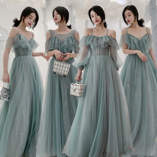 Chic / Beautiful Green Sequins Bridesmaid Dresses 2021 A-Line / Princess Spaghetti Straps Short Sleeve Backless Floor-Length / Long Bridesmaid Wedding Party Dresses