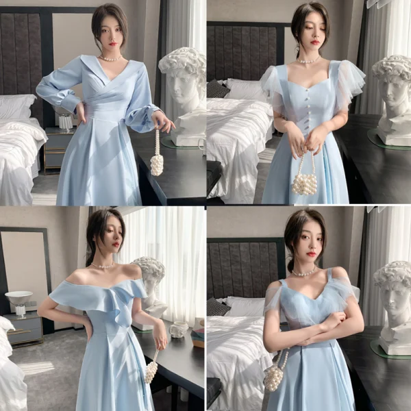 Modest / Simple Sky Blue Satin Bridesmaid Dresses 2021 A-Line / Princess Off-The-Shoulder Short Sleeve Backless Floor-Length / Long Bridesmaid Wedding Party Dresses