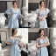Modest / Simple Sky Blue Satin Bridesmaid Dresses 2021 A-Line / Princess Off-The-Shoulder Short Sleeve Backless Floor-Length / Long Bridesmaid Wedding Party Dresses
