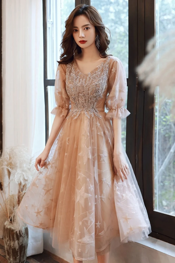 Charming Champagne Beading Sequins Homecoming Graduation Dresses Prom Dresses 2021 A-Line / Princess V-Neck Star Lace 1/2 Sleeves Floor-Length / Long Formal Dresses