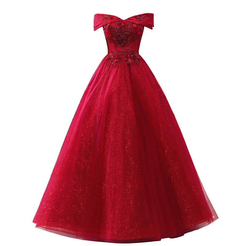 Chic Beautiful Burgundy Rhinestone Sequins Prom Dresses 2021 Ball Gown Off-The-Shoulder