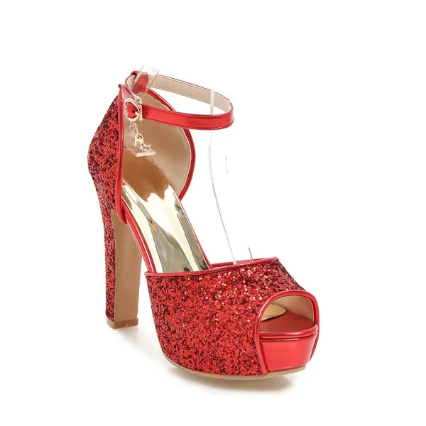 Sexy Silber Abend Pailletten Sandalen Damen 2021 Knöchelriemen 12 cm Thick Heels Peeptoes Sandaletten Hochhackige
