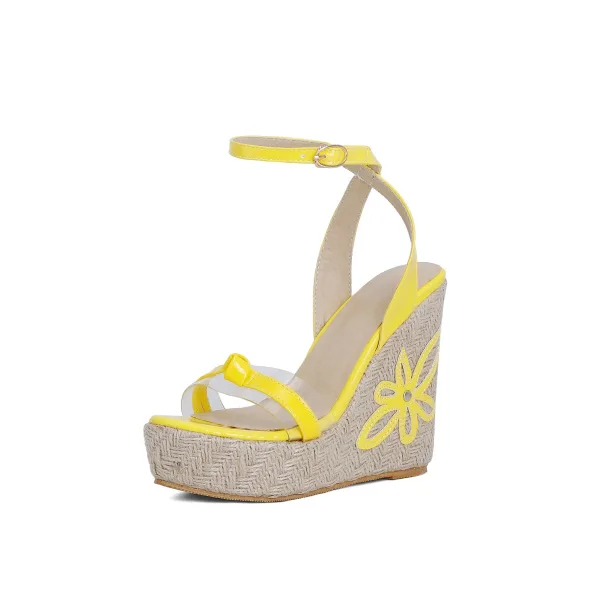 Fashion Yellow Street Wear Womens Sandals 2021 Ankle Strap Waterproof 12 cm Wedges Platform Open / Peep Toe Sandals