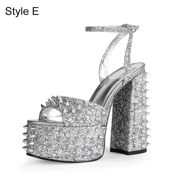 Inhabituel Noire Rivet Club de carnaval Sandales Femme 2021 Bride Cheville 15 cm Talons Épais Imperméables Peep Toes / Bout Ouvert Sandales Talons Hauts