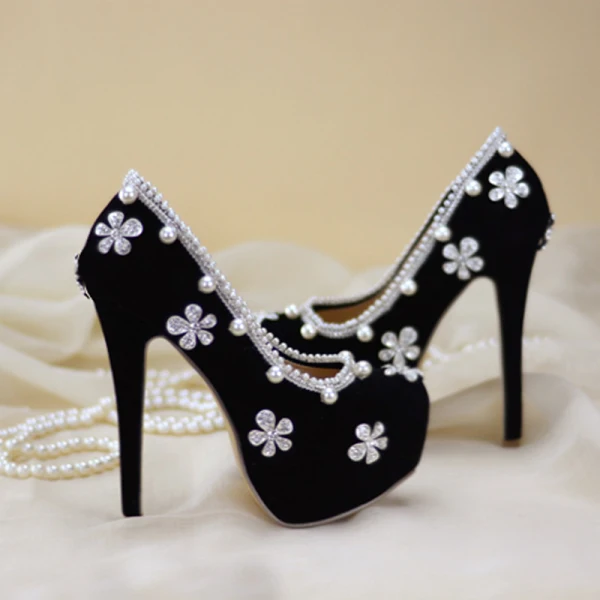 Charming Black Pearl Rhinestone Wedding Shoes 2021 14 cm Stiletto Heels Round Toe Wedding Pumps High Heels