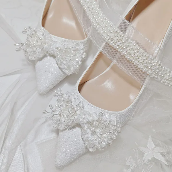 Charmant Ivoire Chaussure De Mariée 2021 Cuir Perle Faux Diamant Noeud 10 cm Talons Aiguilles À Bout Pointu Mariage Escarpins Talons Hauts