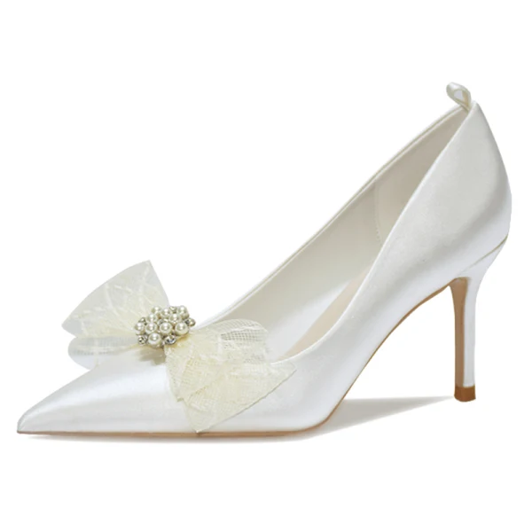 Elegant Ivory Pearl Bow Wedding Shoes 2021 Leather 8 cm Stiletto Heels Pointed Toe Wedding Pumps High Heels