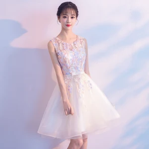 Chic Belle Champagne Transparentes Été De Retour Robe De Graduation 2018 Princesse Encolure Dégagée Sans Manches Appliques En Dentelle Perle Noeud Ceinture Courte Volants Robe De Ceremonie