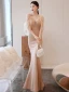 Charming Champagne Evening Dresses  2021 Trumpet / Mermaid Spaghetti Straps Beading Short Sleeve Backless Floor-Length / Long Evening Party Formal Dresses