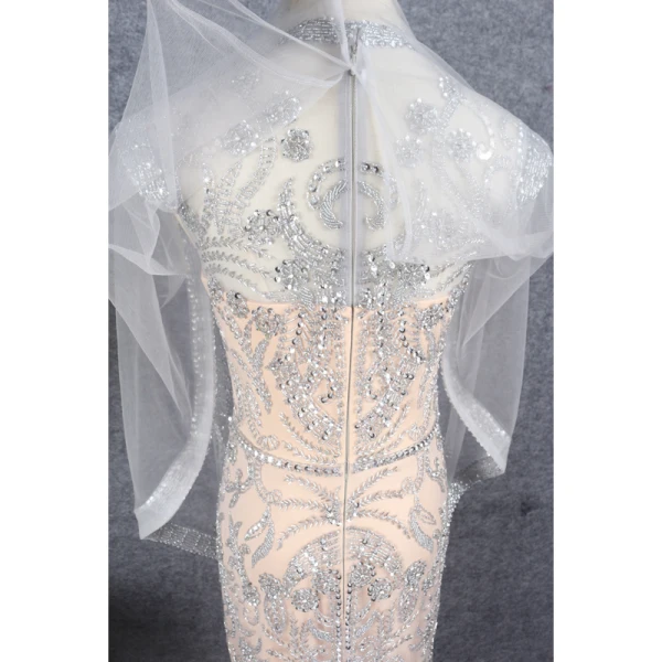 Haut de Gamme Champagne Fait main Perlage Robe De Soirée 2021 Trompette / Sirène Col Haut Manches Longues Cristal Paillettes Longue Soirée Robe De Ceremonie