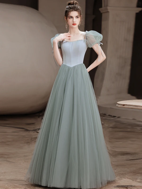 Fashion Sage Green Prom Dresses 2021 A-Line / Princess Square Neckline Puffy Short Sleeve Backless Floor-Length / Long Prom Formal Dresses