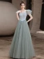 Fashion Sage Green Prom Dresses 2021 A-Line / Princess Square Neckline Puffy Short Sleeve Backless Floor-Length / Long Prom Formal Dresses