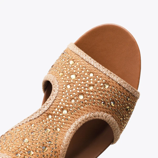 Böhmen Braun Strand Strass Sandalen Damen 2021 5 cm Keilabsatz Peeptoes Sandaletten