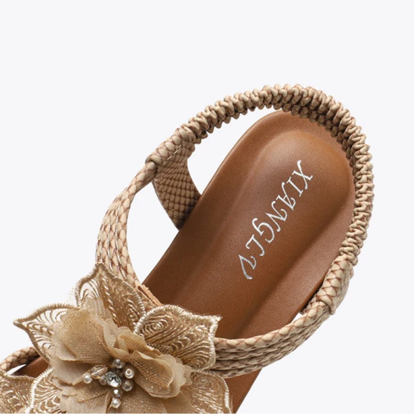 Roman Beige Lace Flower Beach Womens Sandals 2021 5 cm Wedges Open / Peep Toe Sandals High Heels