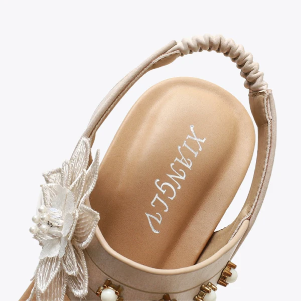 Fashion Beige Street Wear Pearl Rhinestone Lace Flower Womens Sandals 2021 Appliques 5 cm Wedges Open / Peep Toe Sandals