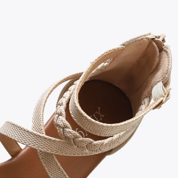 Romain Été Beige Désinvolte Plage Plate Sandales Femme 2021 Bride Cheville Peep Toes / Bout Ouvert Sandales