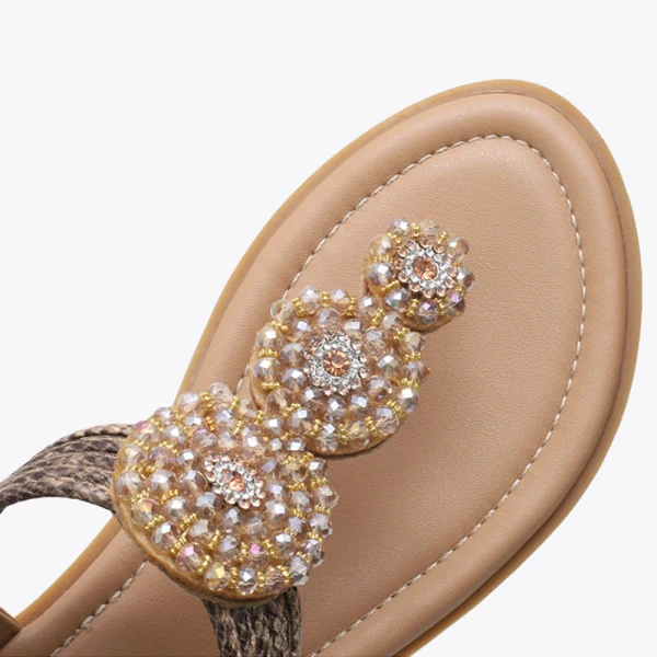 Bohême Été Noire Plage Plate Sandales Femme 2021 Faux Diamant T-Strap Peep Toes / Bout Ouvert Sandales