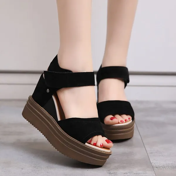 Chic / Beautiful Black Street Wear Suede Womens Sandals 2021 8 cm Wedges Waterproof Open / Peep Toe Sandals