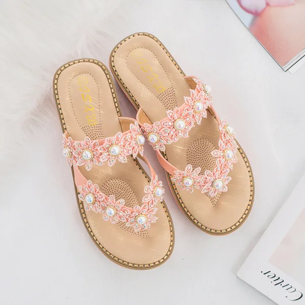 Bohemia Beige Summer Beach Flat Womens Sandals 2021 Pearl Rhinestone Lace Flower Open / Peep Toe Sandals