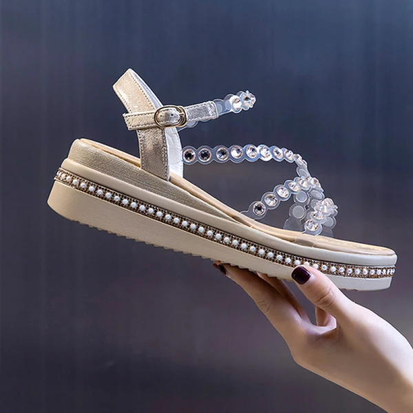 Sexy Gold Street Wear Summer Pearl Rhinestone Womens Sandals 2021 Open / Peep Toe Sandals