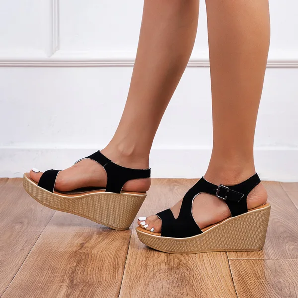 Romantic Black Street Wear Suede Womens Sandals 2021 8 cm Wedges Open / Peep Toe Sandals