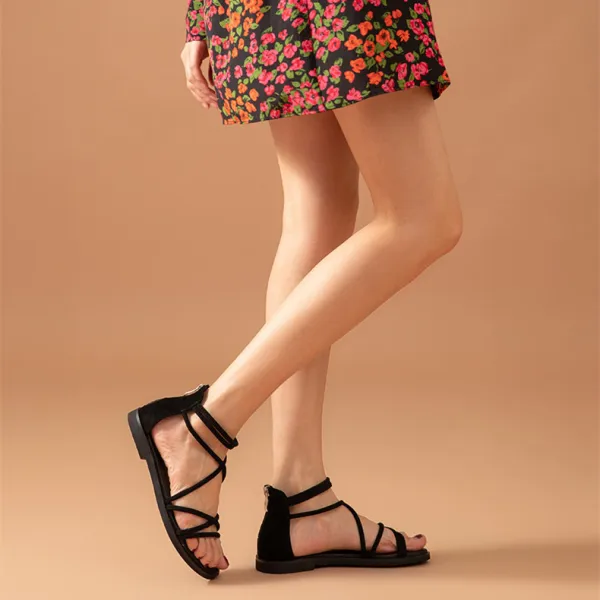 Römisch Schwarz Sommer Strand Freizeit Flache Sandalen Damen 2021 Leder X-Riemen Peeptoes Sandaletten