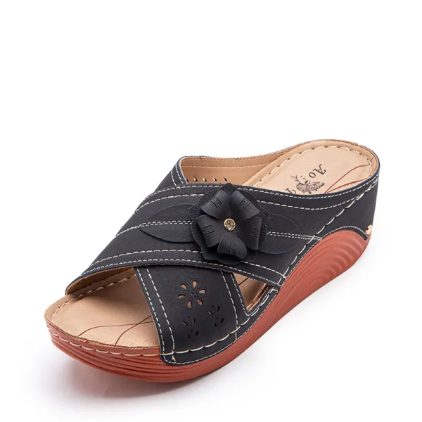 Confortable Noire Plage Désinvolte Été Fleur Sandales Femme 2021 6 cm Compensées Peep Toes / Bout Ouvert Sandales
