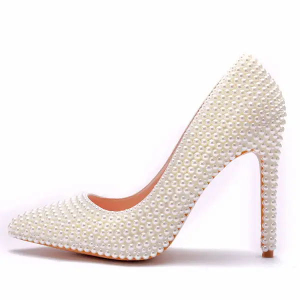 Classique Ivoire Perle Chaussure De Mariée 2021 11 cm Talons Aiguilles À Bout Pointu Mariage Escarpins Talons Hauts