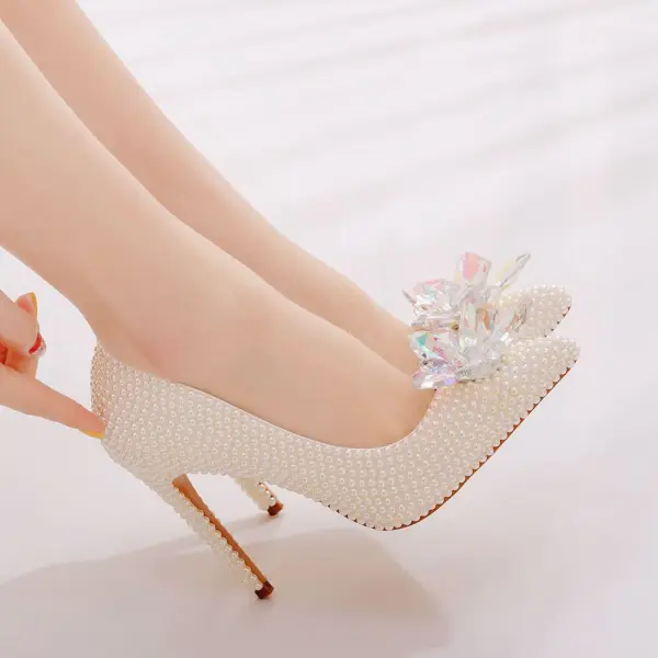 Charming Ivory Pearl Crystal Wedding Shoes 2021 11 cm Stiletto Heels Pointed Toe Wedding Pumps High Heels