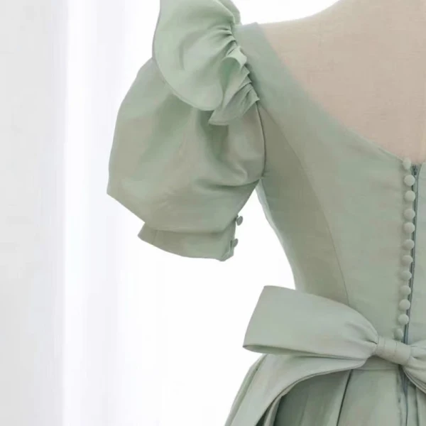Vintage / Retro Sage Green Prom Dresses A-Line / Princess 2021 Scoop Neck Puffy Short Sleeve Backless Bow Tea-length Prom Formal Dresses