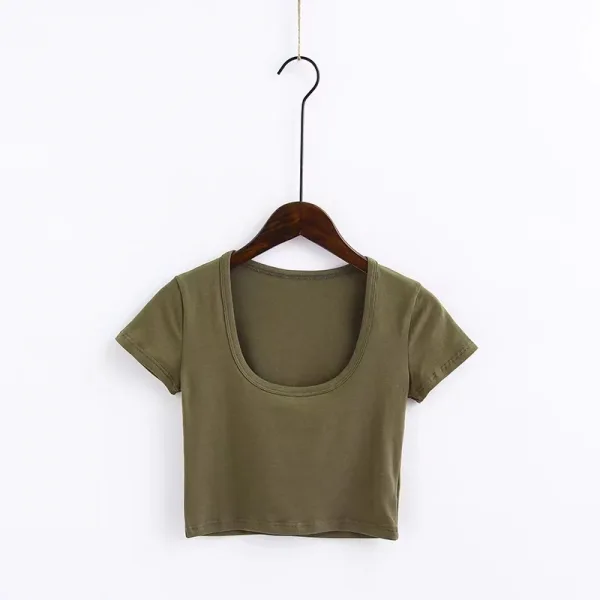 Sexy Summer Street Wear Army Green Tight  T-Shirts 2021 Scoop Neck Short Sleeve Women's Tops