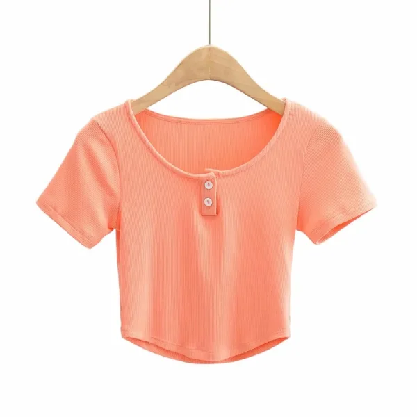 Sexy Blushing Pink Summer Street Wear Tight Buttons T-Shirts 2021 Scoop Neck Short Sleeve Women's Tops