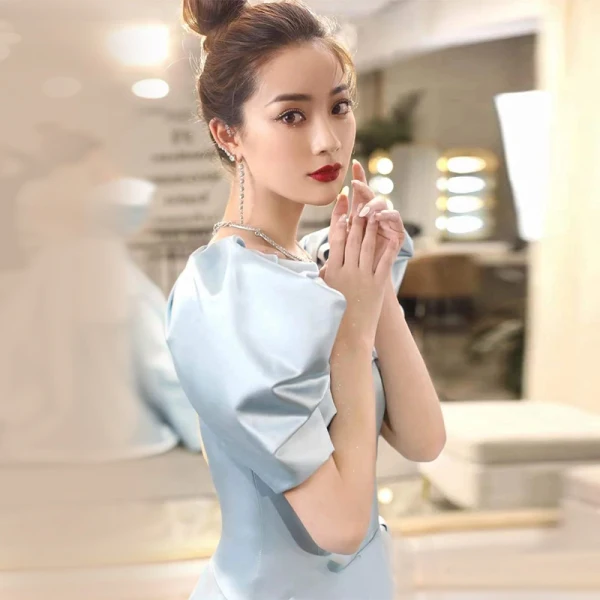 Vintage / Retro Sky Blue Satin Prom Dresses 2021 A-Line / Princess Square Neckline Short Sleeve Backless Beading Bow Floor-Length / Long Prom Formal Dresses