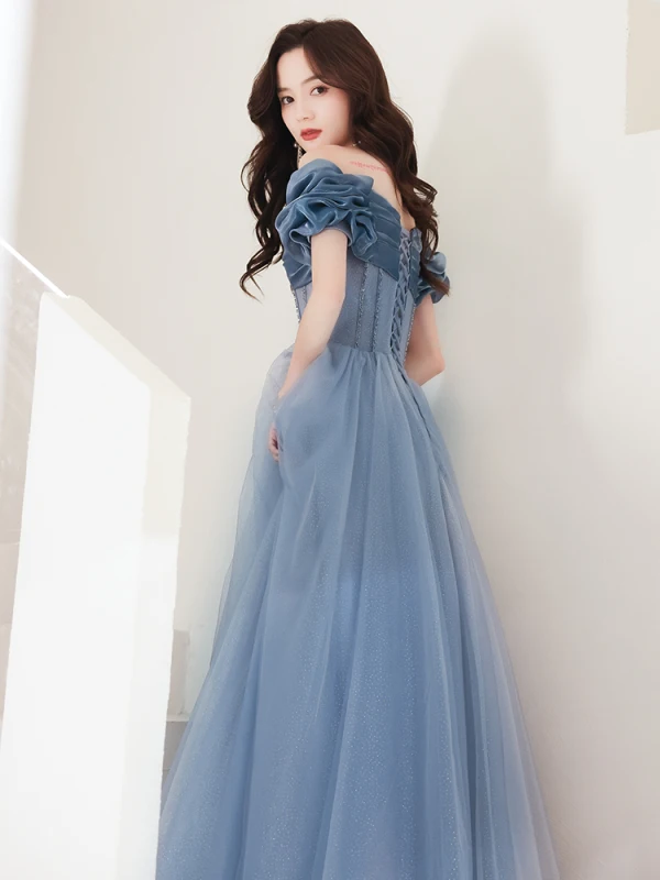 Charming Ocean Blue Evening Dresses Prom Dresses 2021 A-Line / Princess Off-The-Shoulder Beading Short Sleeve Backless Prom Floor-Length / Long Formal Dresses