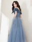 Charming Ocean Blue Evening Dresses  Prom Dresses 2021 A-Line / Princess Off-The-Shoulder Beading Short Sleeve Backless Prom Floor-Length / Long Formal Dresses