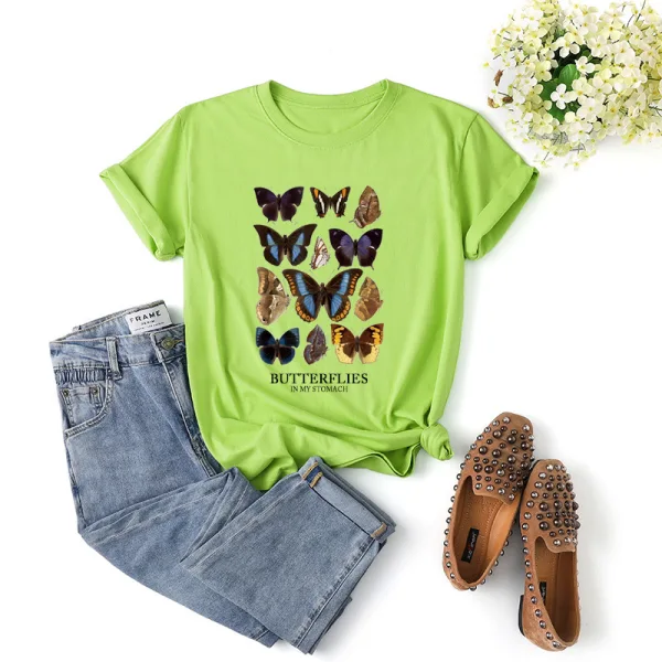 Fashion Street Wear Khaki Summer Loose Butterfly Printing Cotton T-Shirts 2021 Scoop Neck Short Sleeve Women's Tops T-shirt
