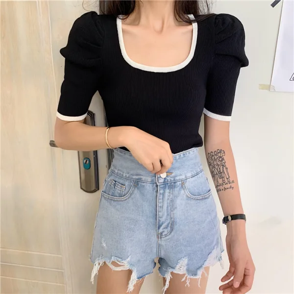 Vintage / Retro Summer Blushing Pink Knitting Tight  T-Shirts 2021 U-Neck Short Sleeve Women's Tops T-shirt