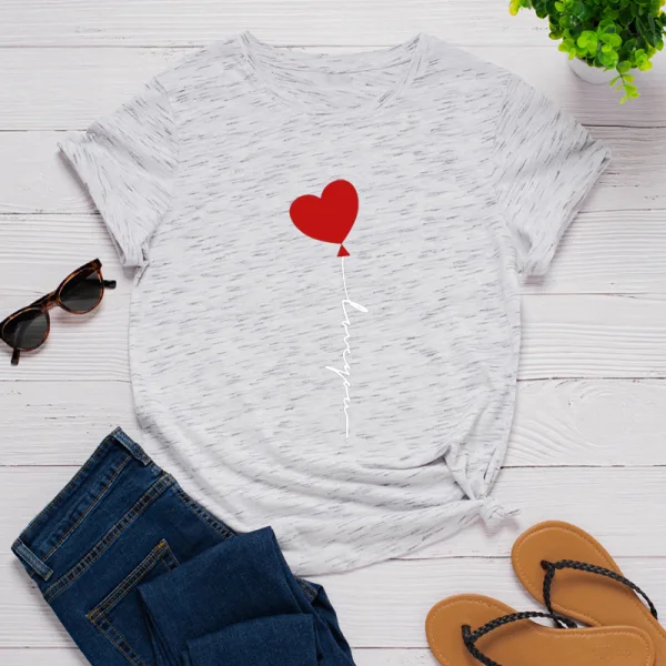 Schön Sommer Schwarz Freizeit Herzförmig Ballon Drucken T-Shirts 2021 Baumwolle Rundhalsausschnitt Kurze Ärmel Lose Damen Oberteile