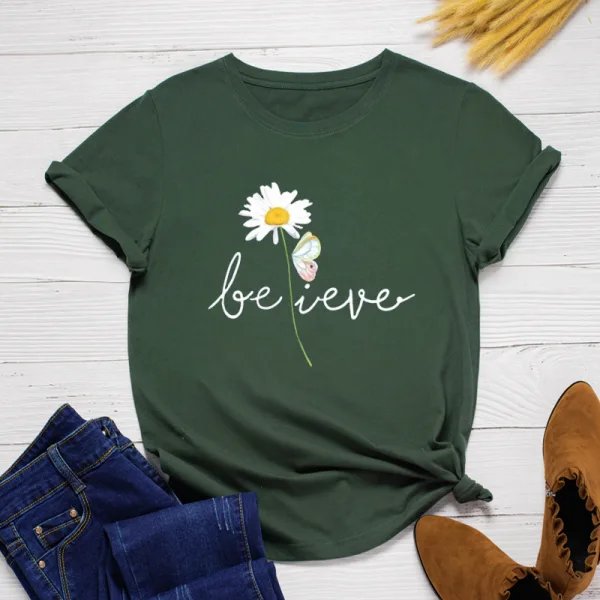 Casual Summer Black Daisy Tops Printing T-Shirts 2021 Cotton Loose Scoop Neck Short Sleeve Women's Tops T-shirt