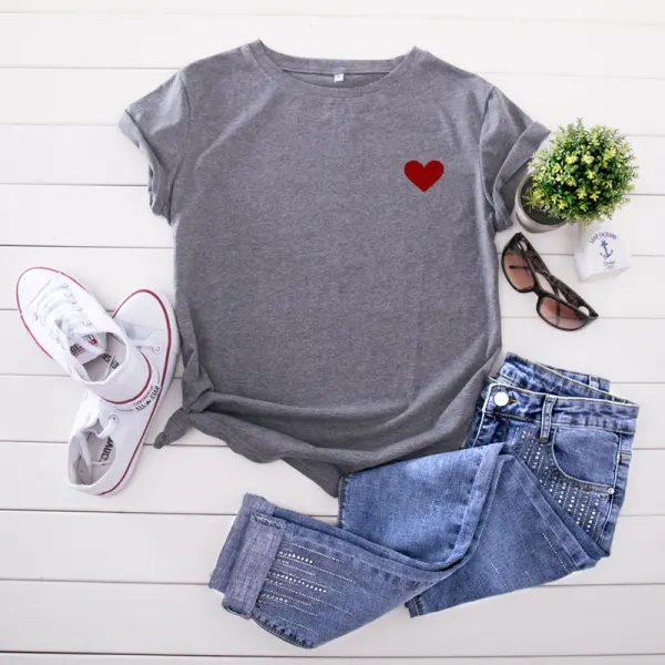 Summer Casual White Heart-shaped Printing Loose T-Shirts 2021 Cotton Scoop Neck Short Sleeve Women's Tops T-shirt